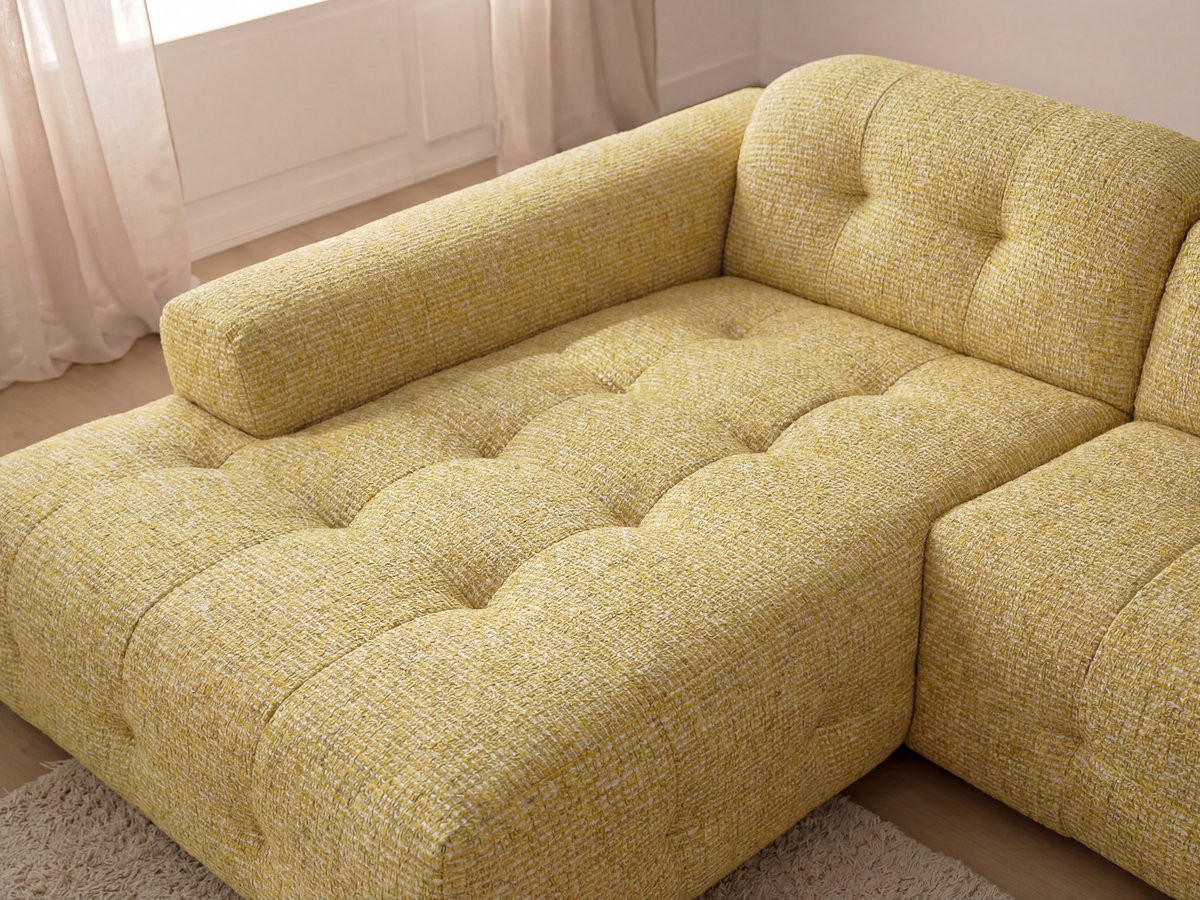 Canapé d'angle fixe LAURA tissu chiné avec grand pouf