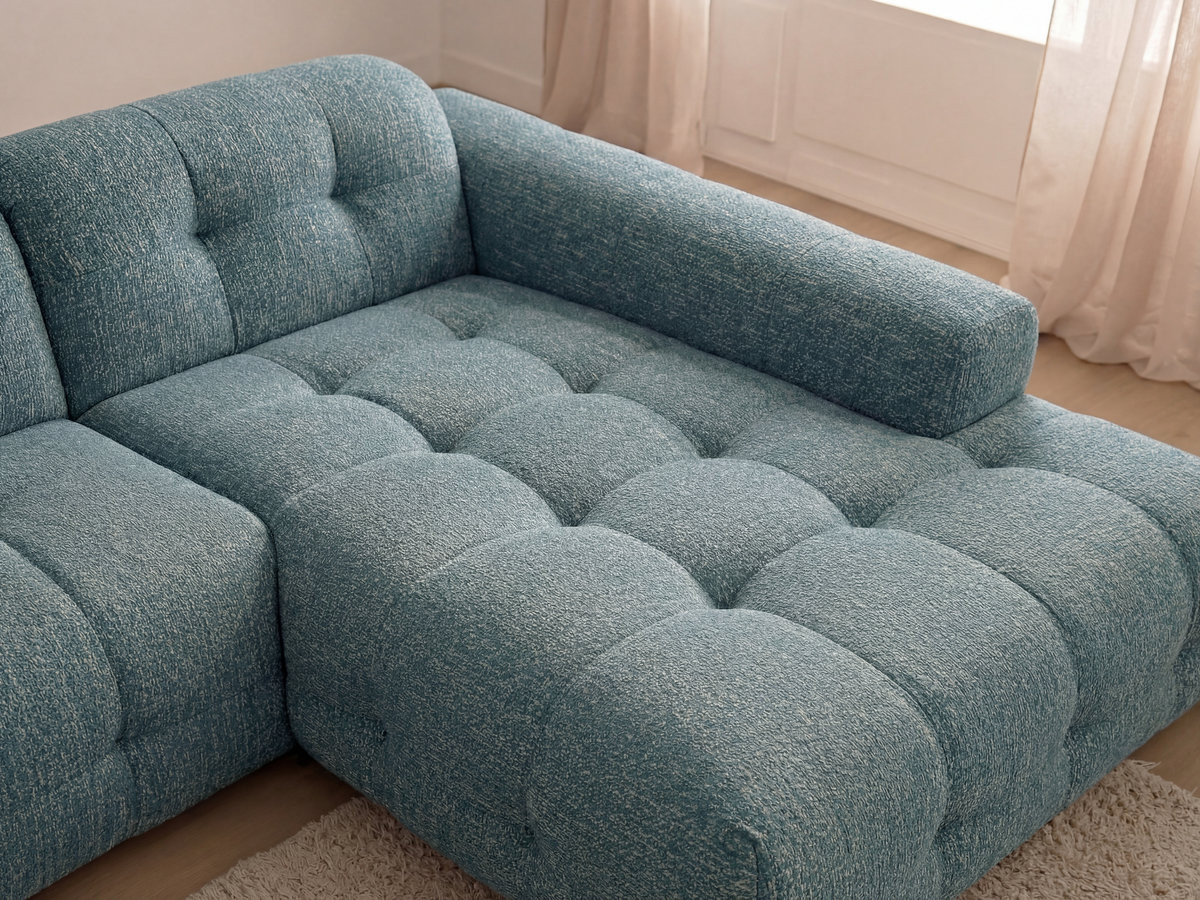 Canapé d'angle fixe LAURA tissu chiné avec grand pouf