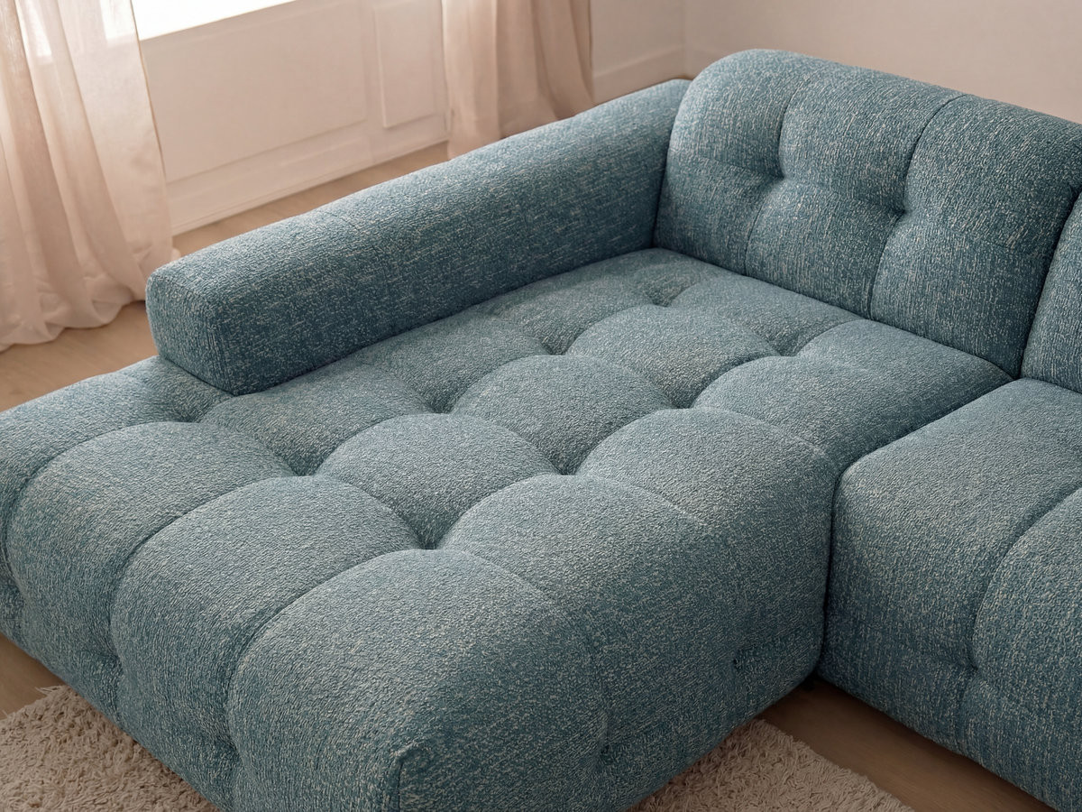 Canapé d'angle fixe LAURA tissu chiné avec grand pouf