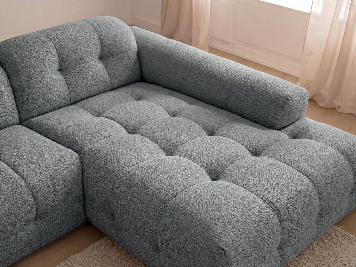 Canapé d'angle fixe LAURA tissu chiné avec grand pouf