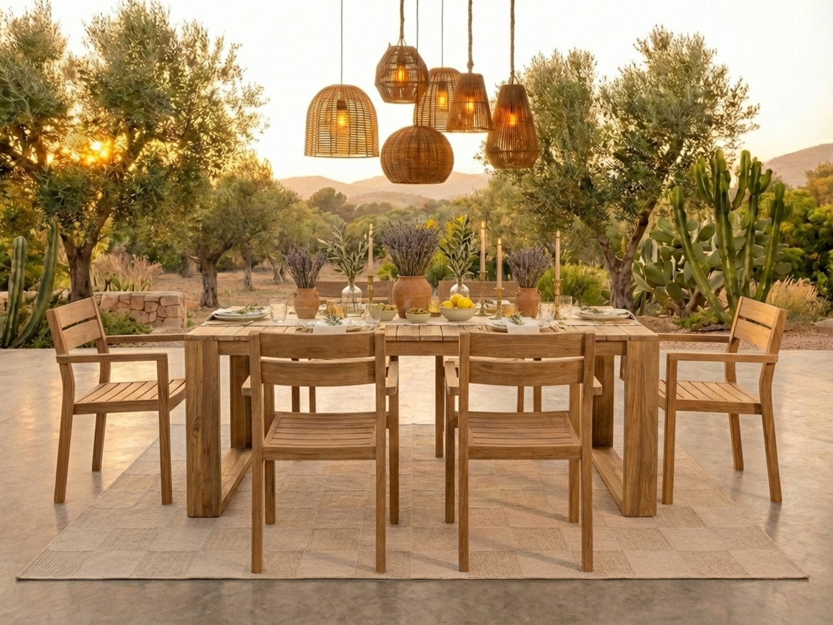 Ensemble de jardin LOMBOK avec table 200 cm + 6 fauteuils bois de teck