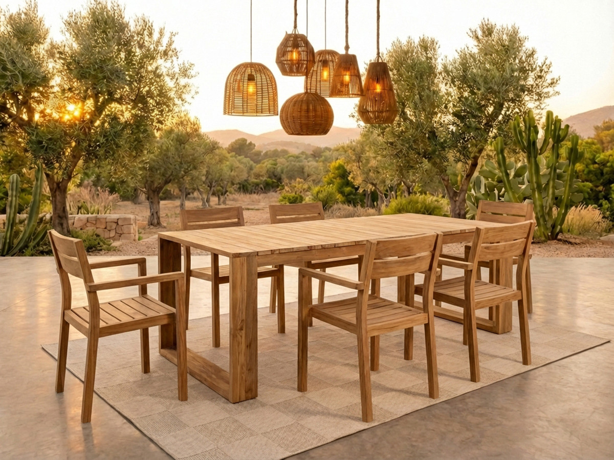 LOMBOK tuinset met tafel van 200 cm + 6 teakhouten stoelen