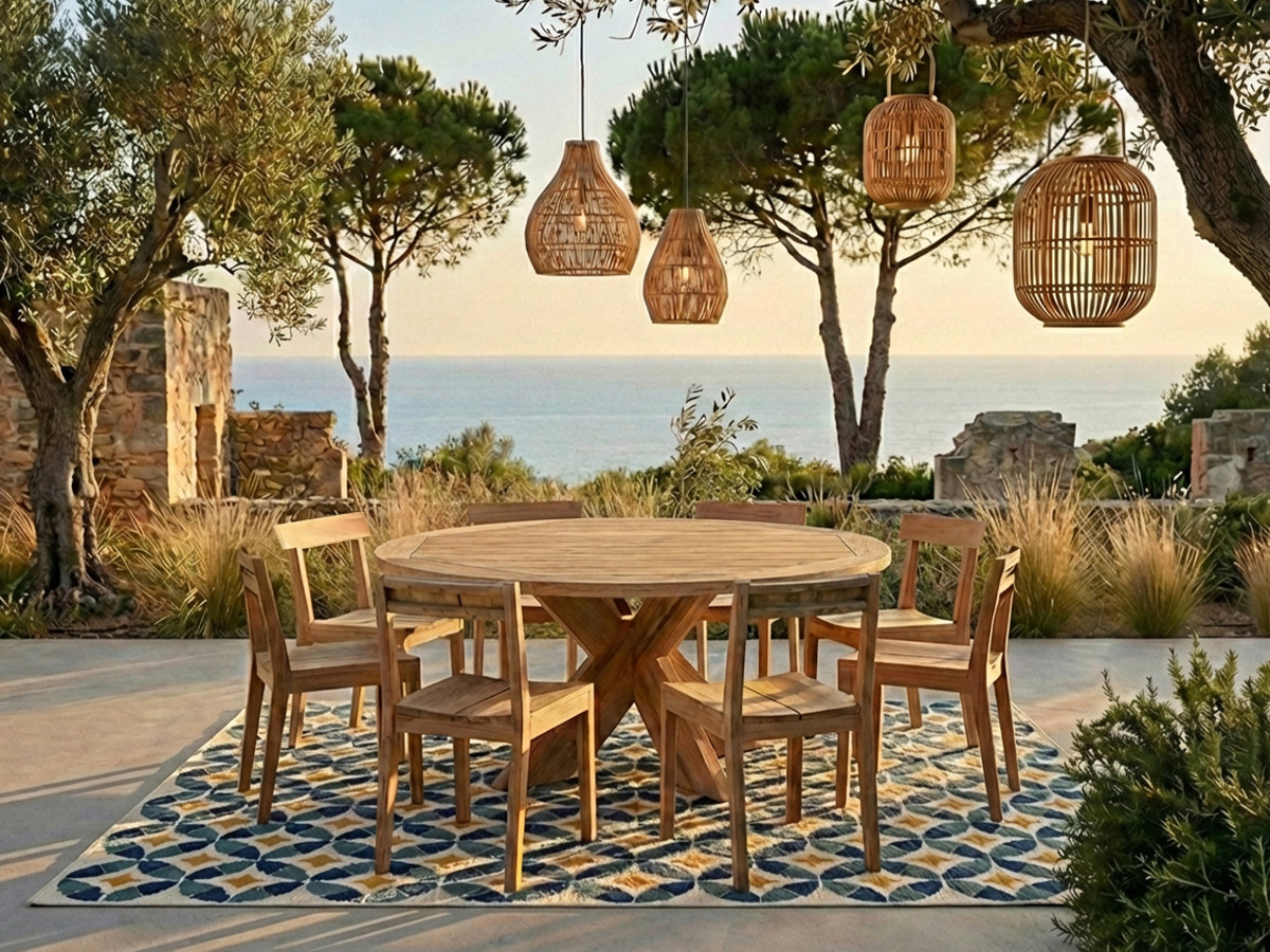 Ensemble de jardin LUNE avec table D.150 cm + 8 chaises bois de teck