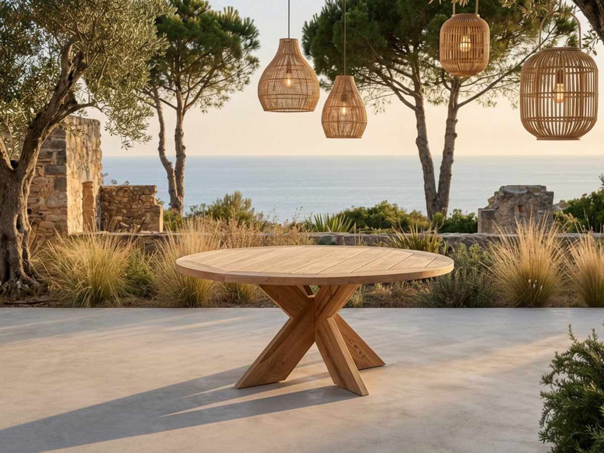 Ensemble de jardin LUNE avec table D.150 cm + 8 chaises bois de teck