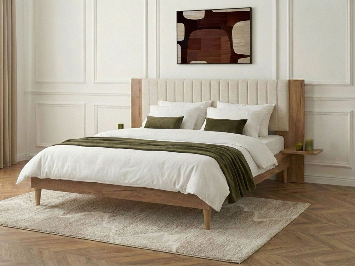 Lit SELENA avec lattes massives pieds en bois naturel beige — vue 4