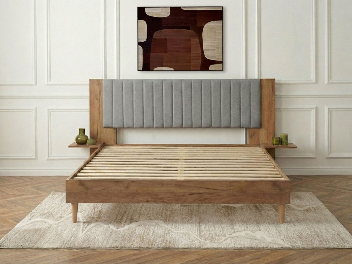 Lit SELENA avec lattes massives pieds en bois naturel gris clair — vue 5