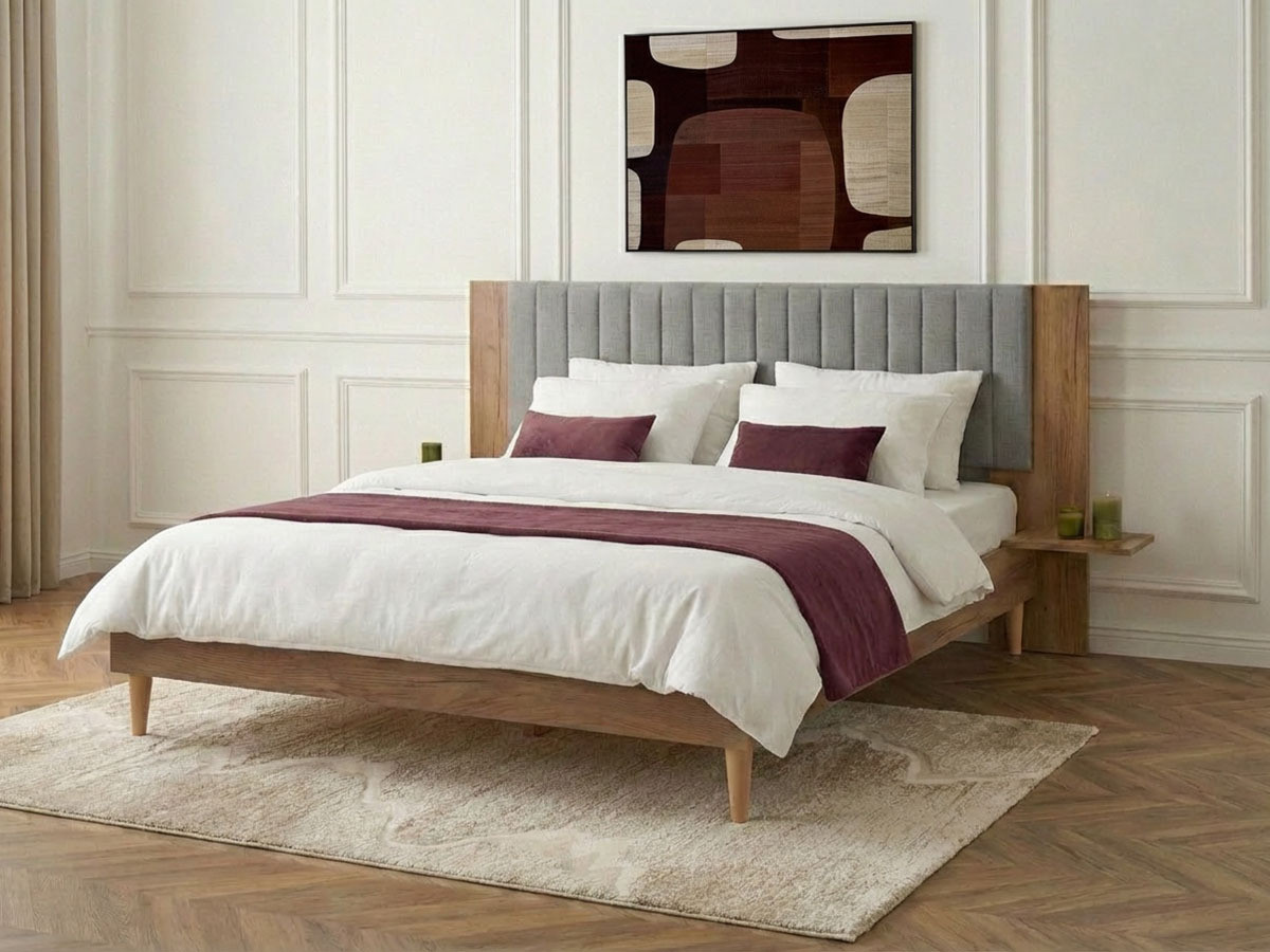 Lit SELENA avec lattes massives pieds en bois naturel gris clair — vue 4