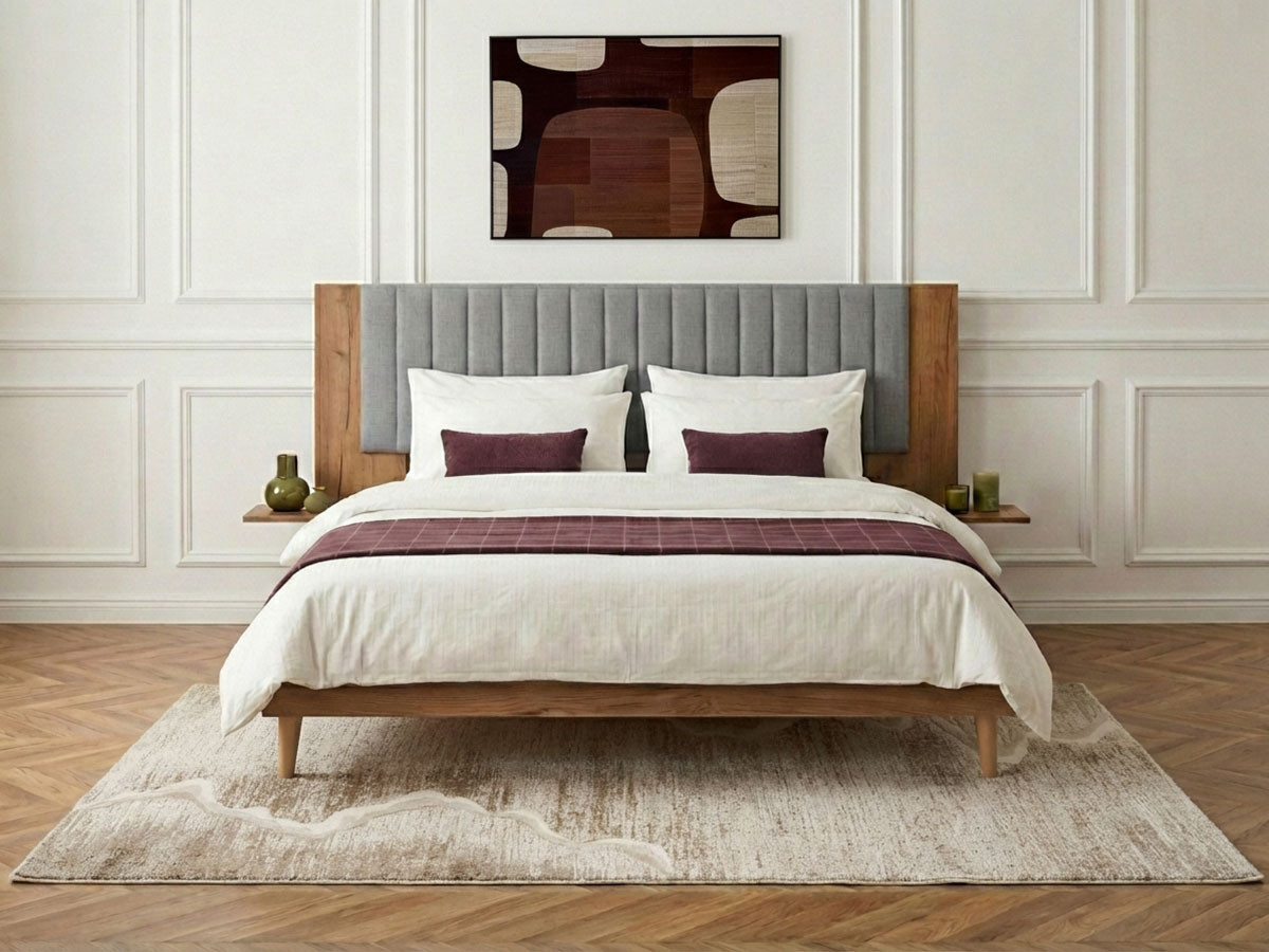 Lit SELENA avec lattes massives pieds en bois naturel gris clair