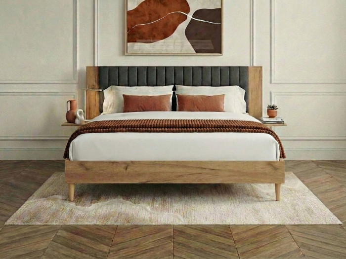 Lit SELENA avec lattes massives pieds en bois naturel