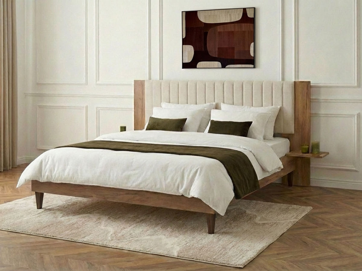 Lit SELENA avec lattes massives pieds en bois wengé beige — vue 4