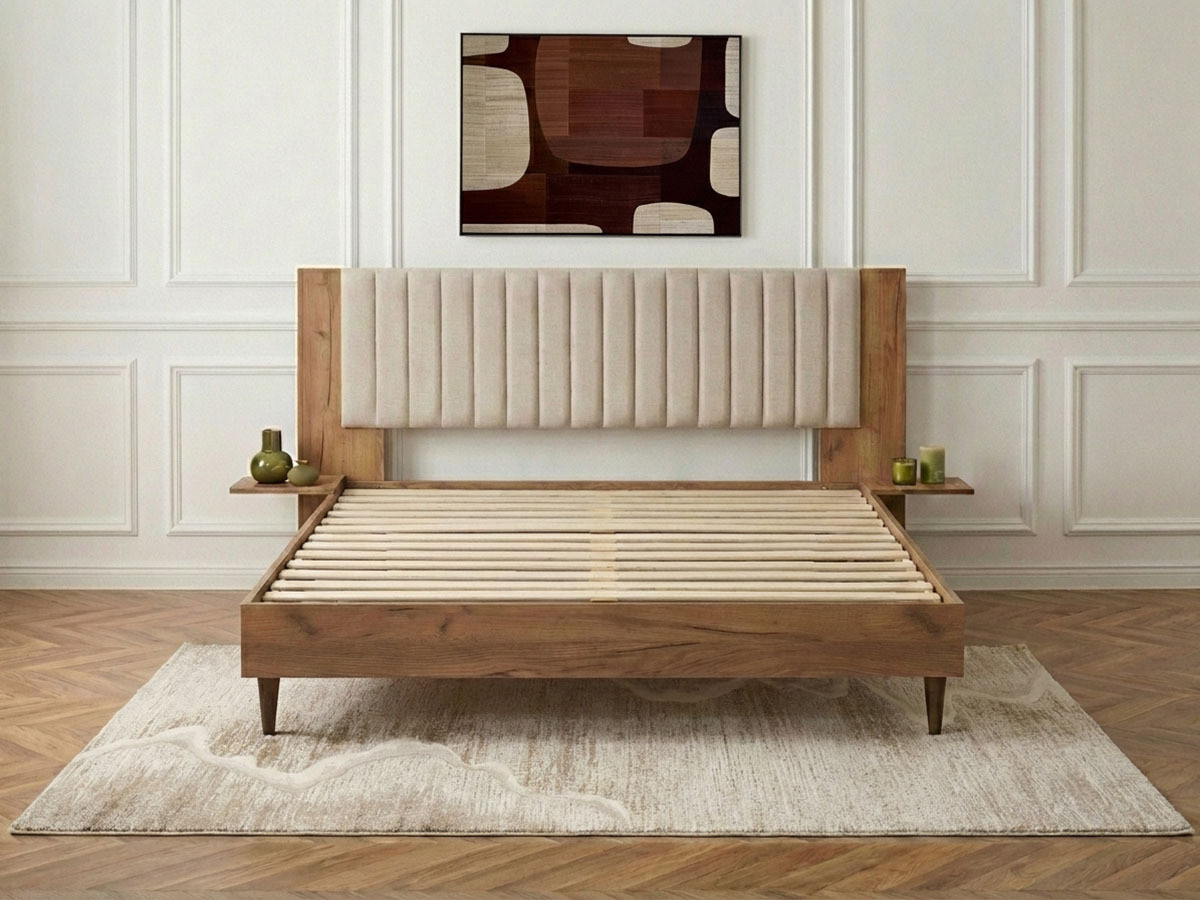 Lit SELENA avec lattes massives pieds en bois wengé beige — vue 5