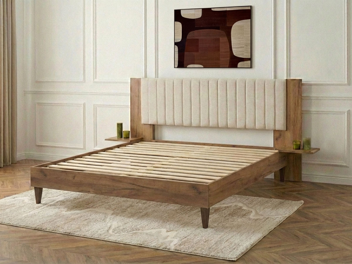 Lit SELENA avec lattes massives pieds en bois wengé beige — vue 6