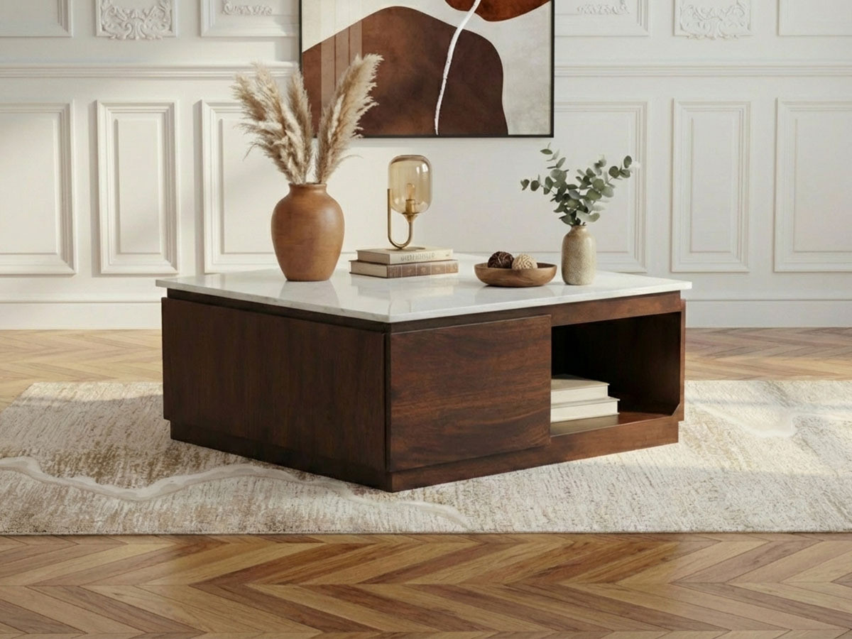 Table basse carrée 2 tiroirs 80 cm BARBARA bois massif de manguier et marbre