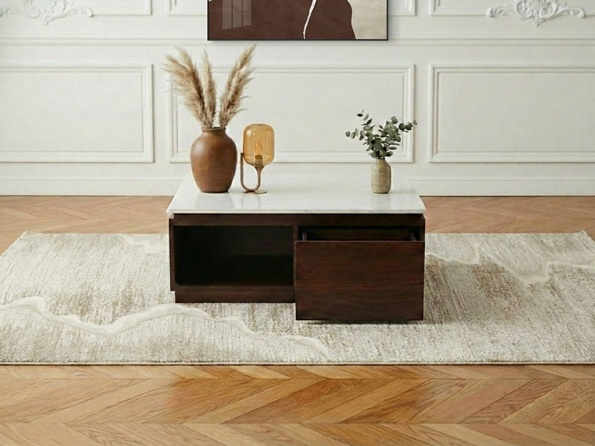 Table basse carrée 2 tiroirs 80 cm BARBARA bois massif de manguier et marbre