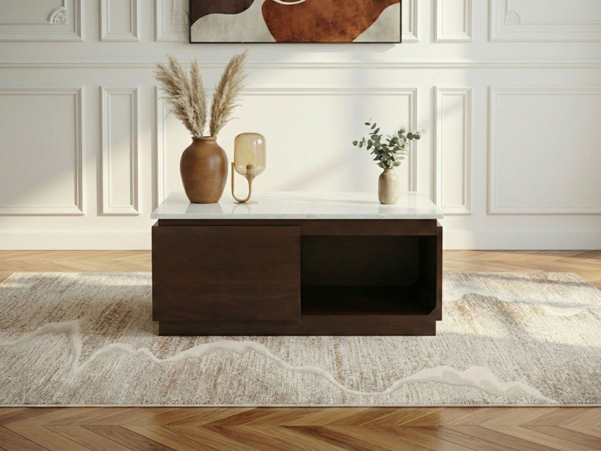 Table basse carrée 2 tiroirs 80 cm BARBARA bois massif de manguier et marbre