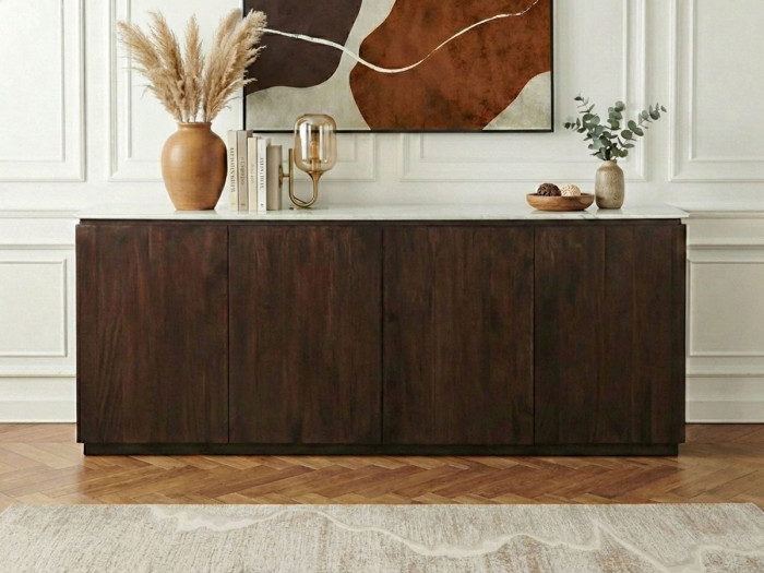 Buffet 4 portes 200 cm BARBARA bois massif de manguier et marbre