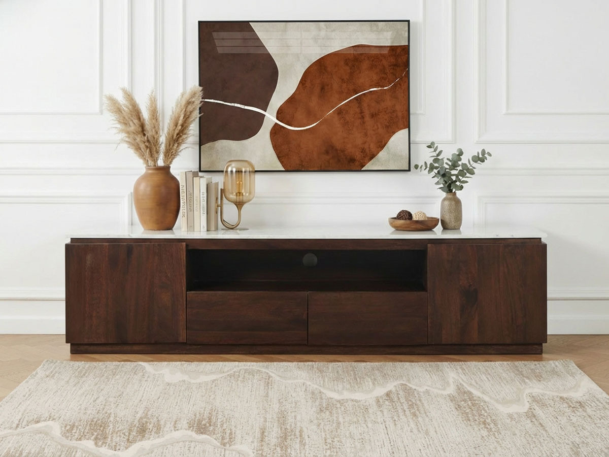 Meuble TV 4 portes 200 cm BARBARA bois massif de manguier et marbre