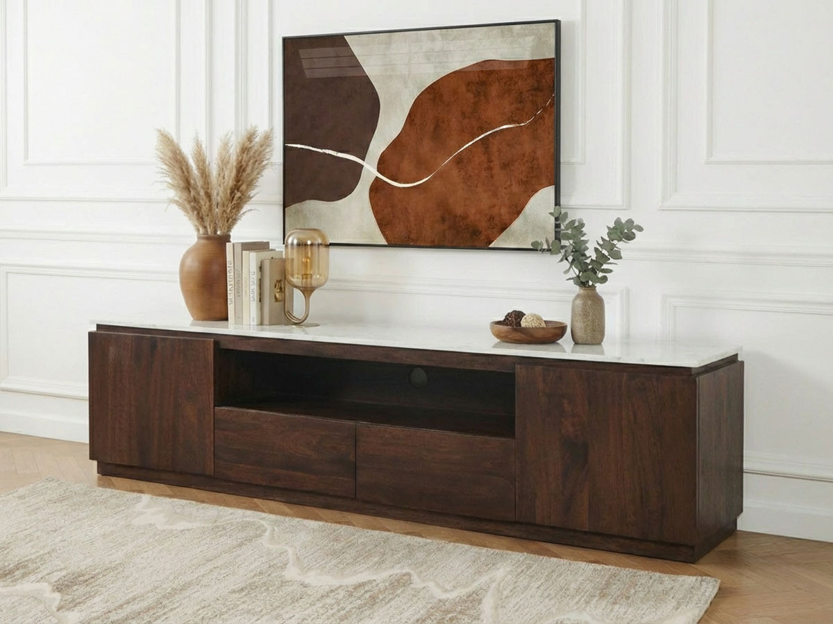 Meuble TV 4 portes 200 cm BARBARA bois massif de manguier et marbre — vue 4