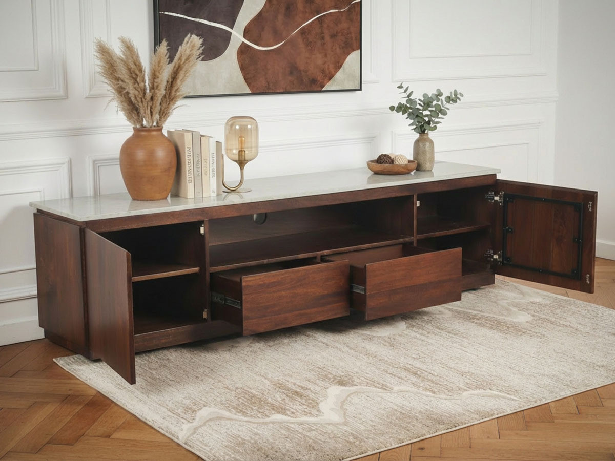 Meuble TV 4 portes 200 cm BARBARA bois massif de manguier et marbre — vue 5