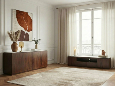Ensemble BARBARA avec buffet 200 cm + meuble TV 200 cm en bois massif de manguier et marbre