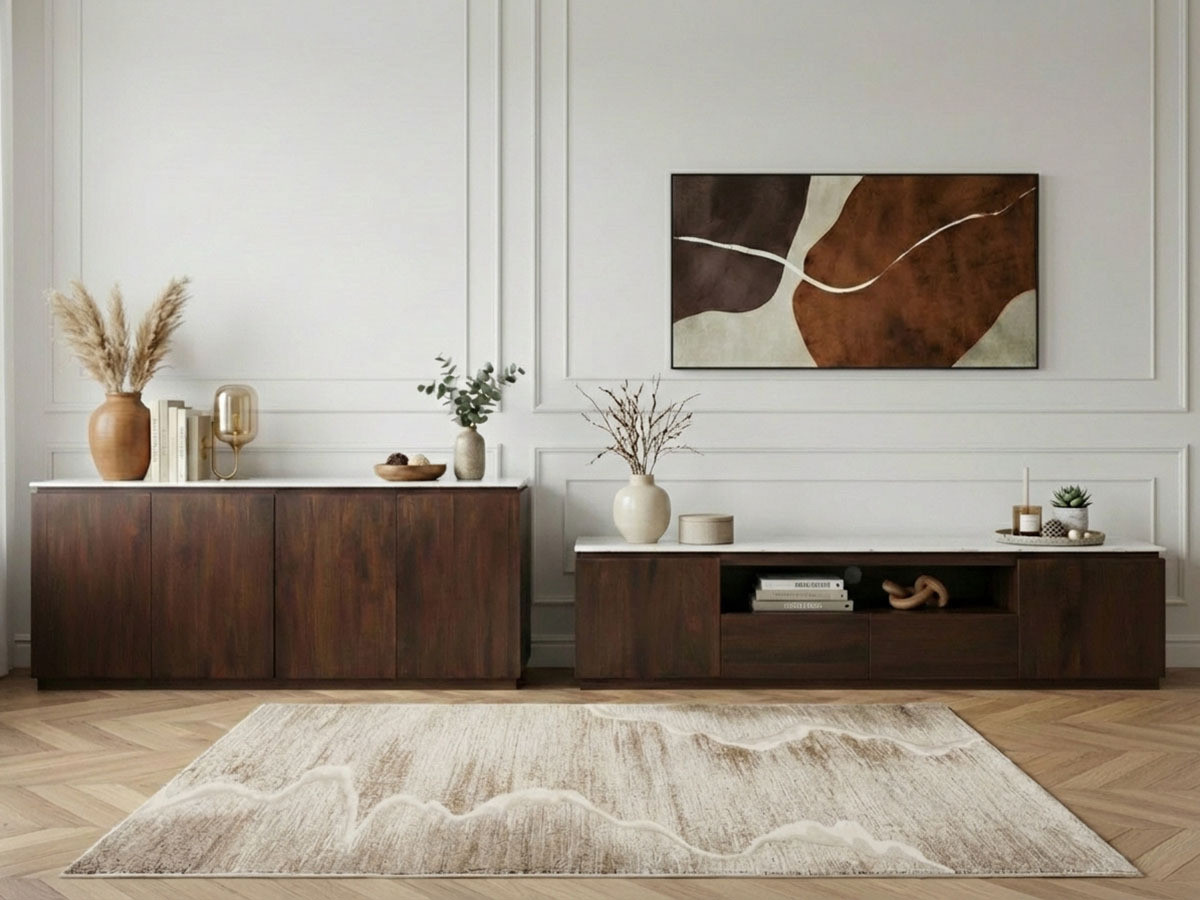 Ensemble BARBARA avec buffet 200 cm + meuble TV 200 cm en bois massif de manguier et marbre