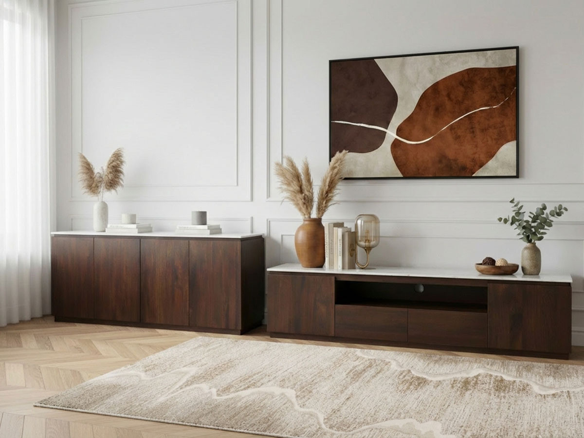 Ensemble BARBARA avec buffet 200 cm + meuble TV 200 cm en bois massif de manguier et marbre