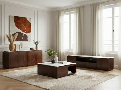 Ensemble BARBARA avec buffet 200 cm + meuble TV 200 cm + table basse en bois massif de manguier et marbre