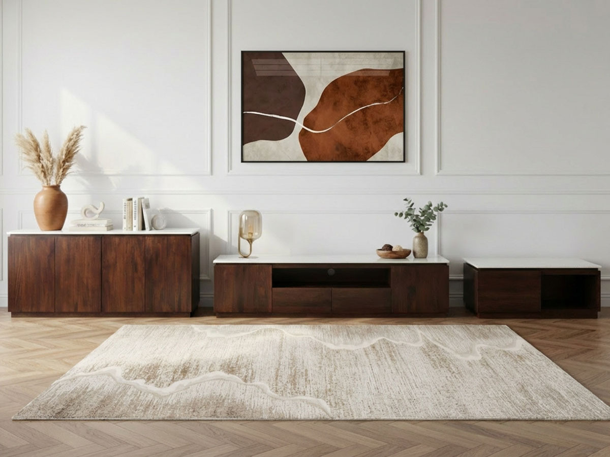 Ensemble BARBARA avec buffet 200 cm + meuble TV 200 cm + table basse en bois massif de manguier et marbre