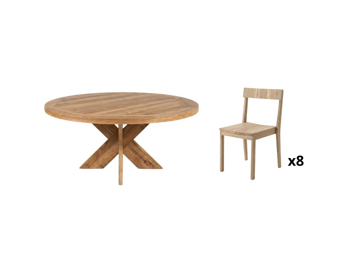 Ensemble de jardin LUNE avec table D.150 cm + 8 chaises bois de teck