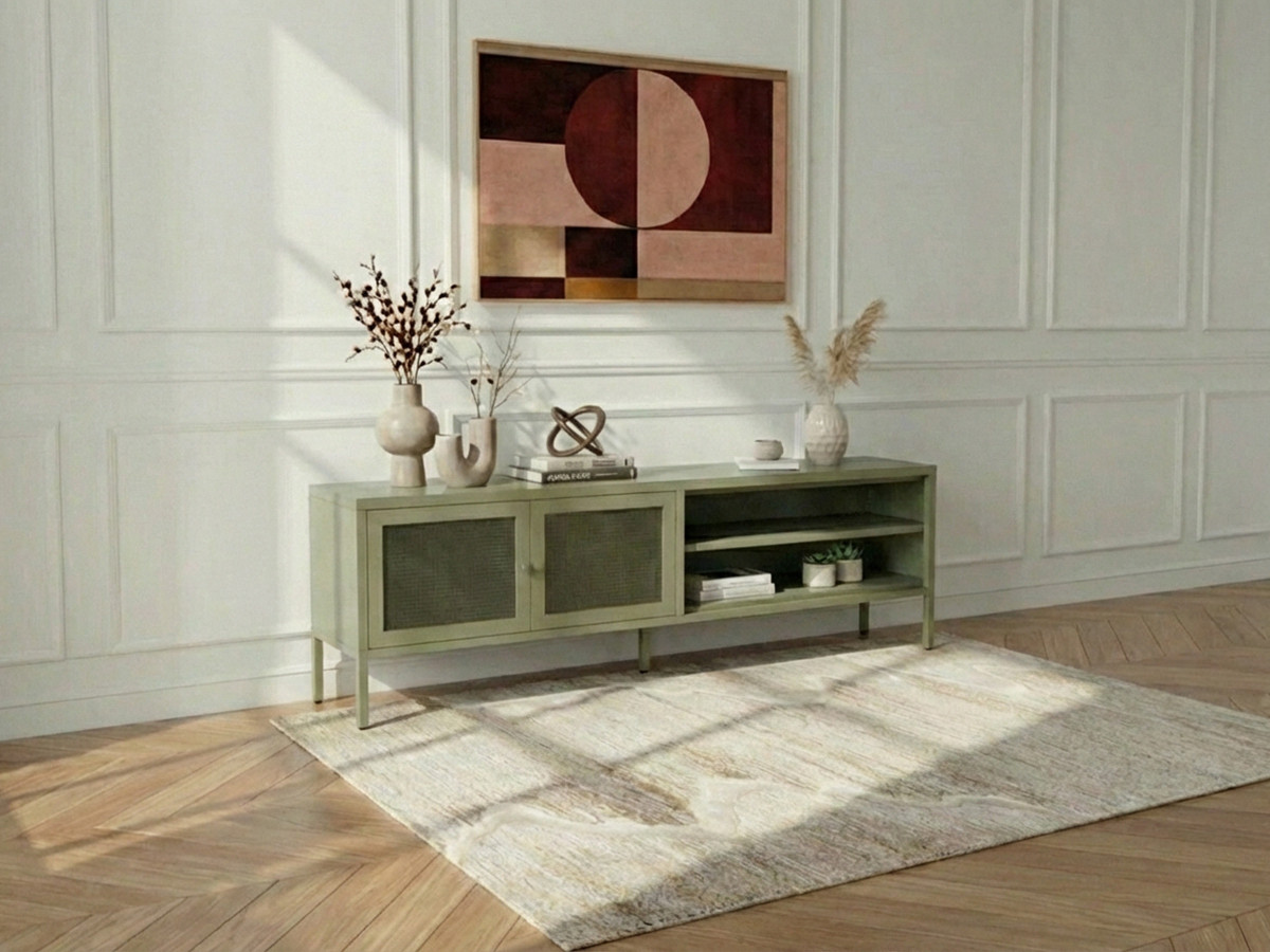 Meuble TV 2 portes 2 niches 160 cm CLARA métal édition limitée vert — vue 5