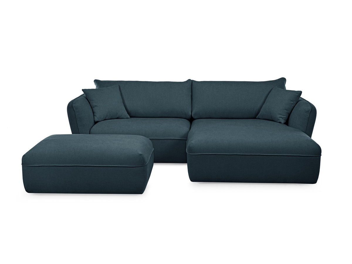 Canapé d'angle fixe LUIGI tissu lisse avec pouf