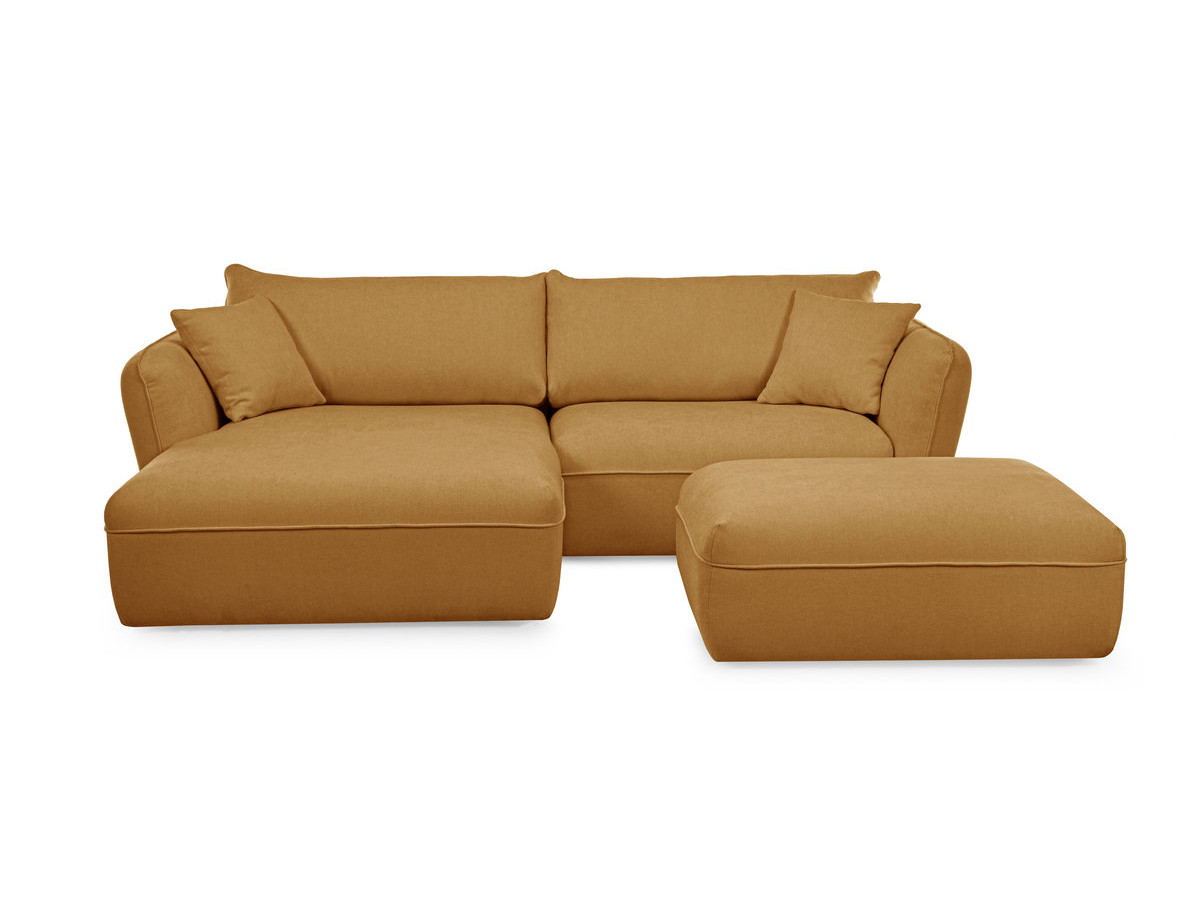 Canapé d'angle fixe LUIGI tissu lisse avec pouf