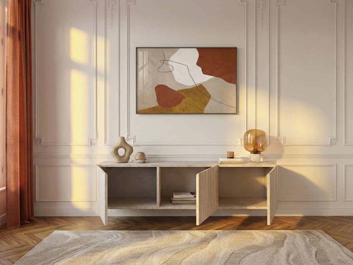 Meuble TV suspendu 3 portes 140 cm LECCE effet travertin