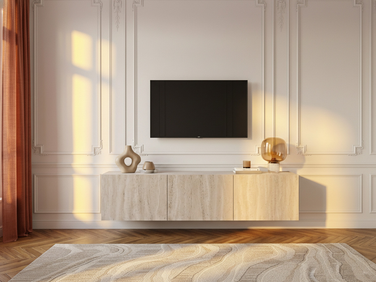 Meuble TV suspendu 3 portes 140 cm LECCE effet travertin — vue 4