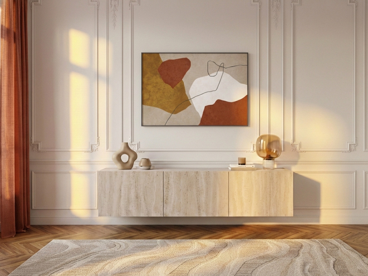 Meuble TV suspendu 3 portes 140 cm LECCE effet travertin