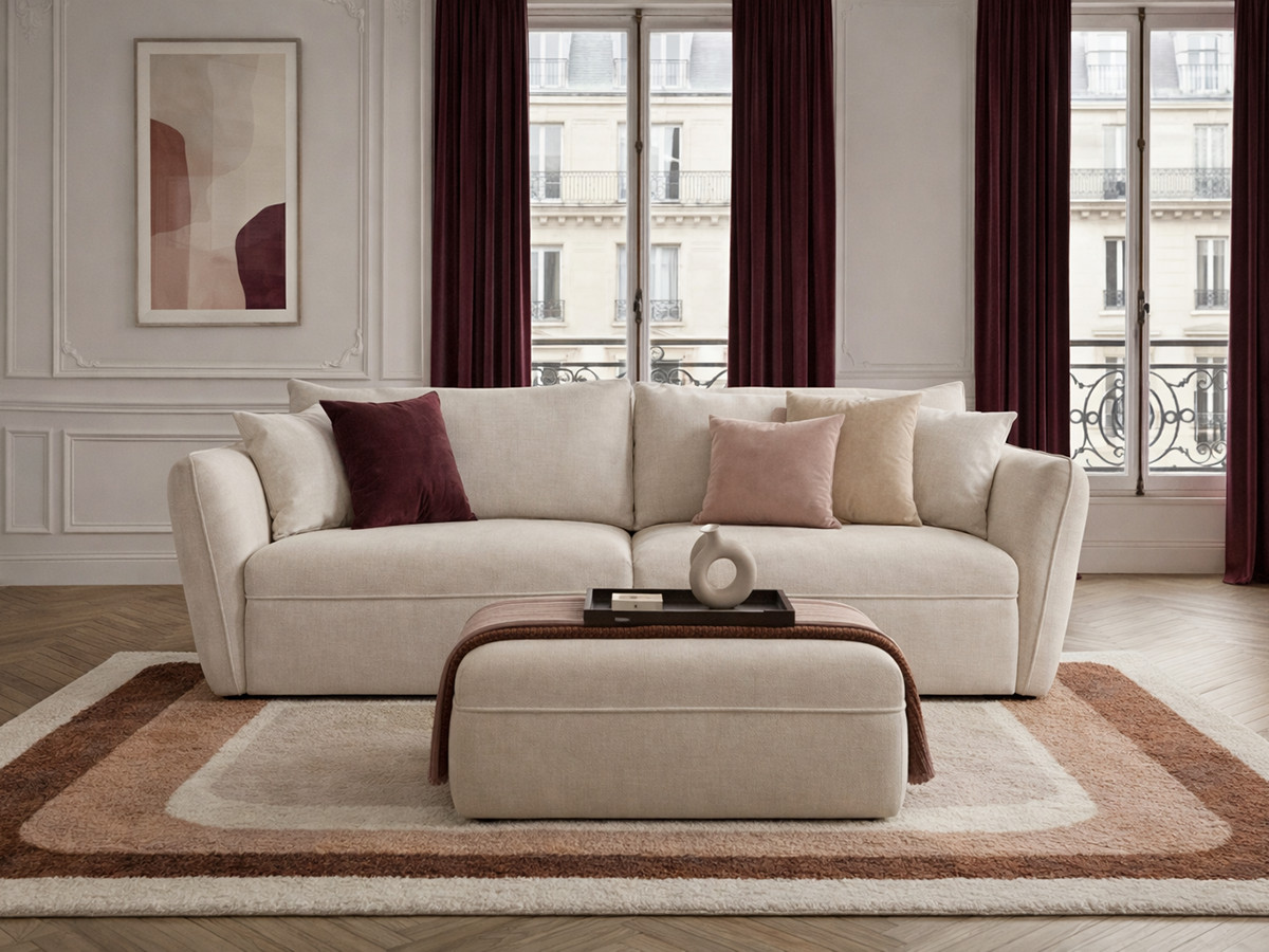 Canapé droit fixe 3 places LUIGI tissu lisse avec pouf