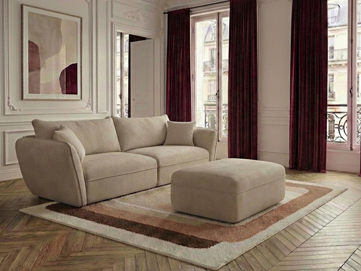 Canapé droit fixe 3 places LUIGI tissu lisse avec pouf