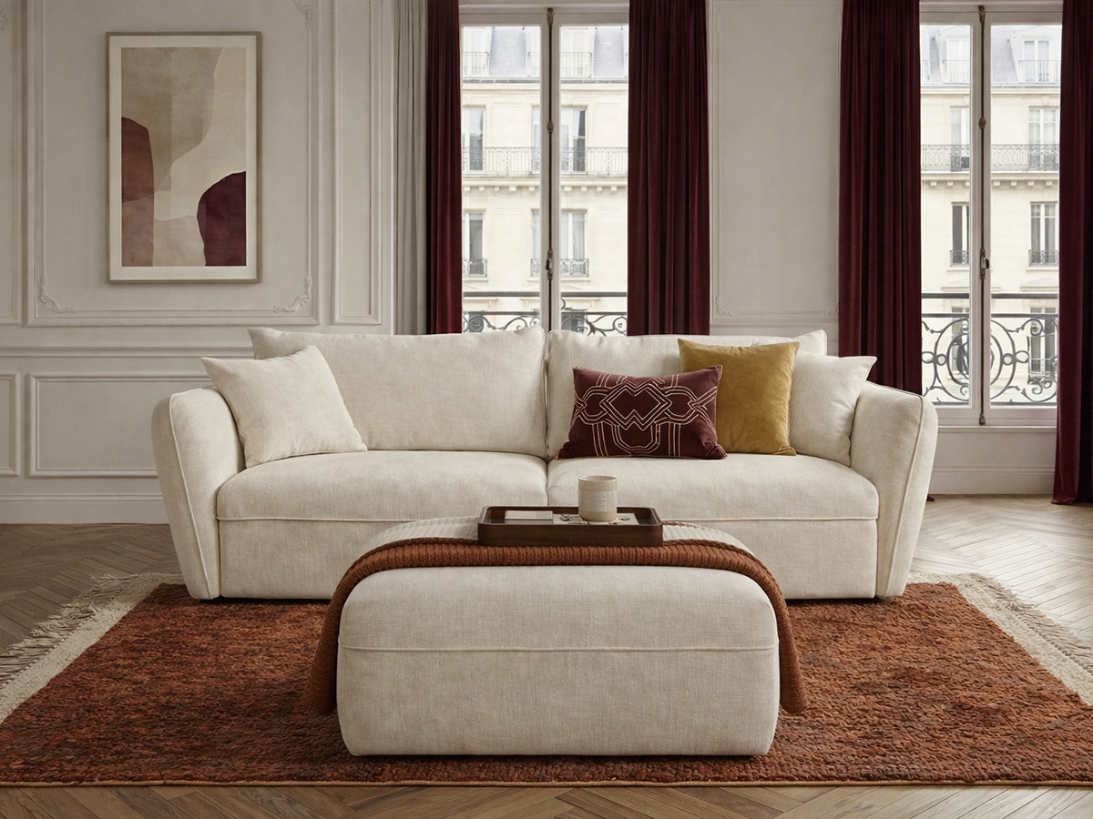 Canapé droit fixe 3 places LUIGI tissu lisse avec pouf
