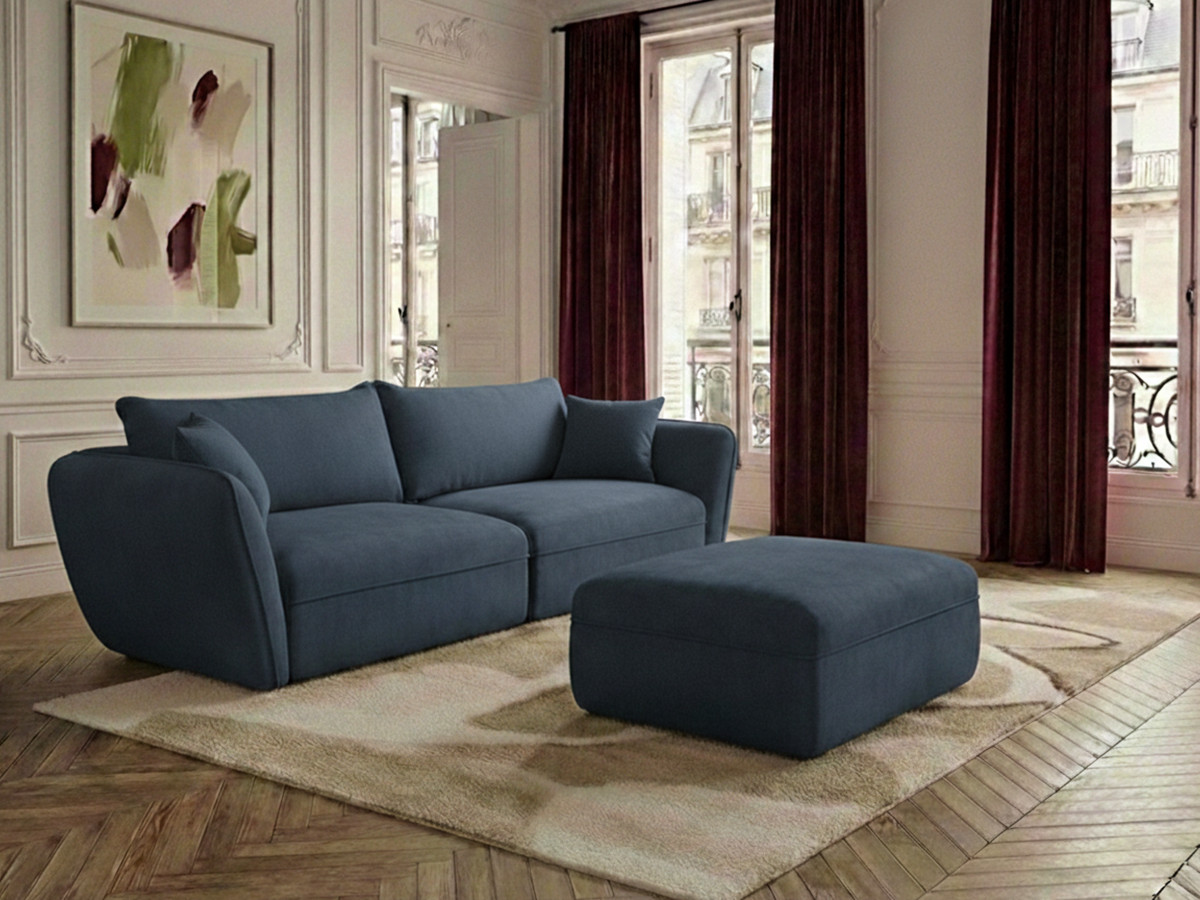 Canapé droit fixe 3 places LUIGI tissu lisse avec pouf