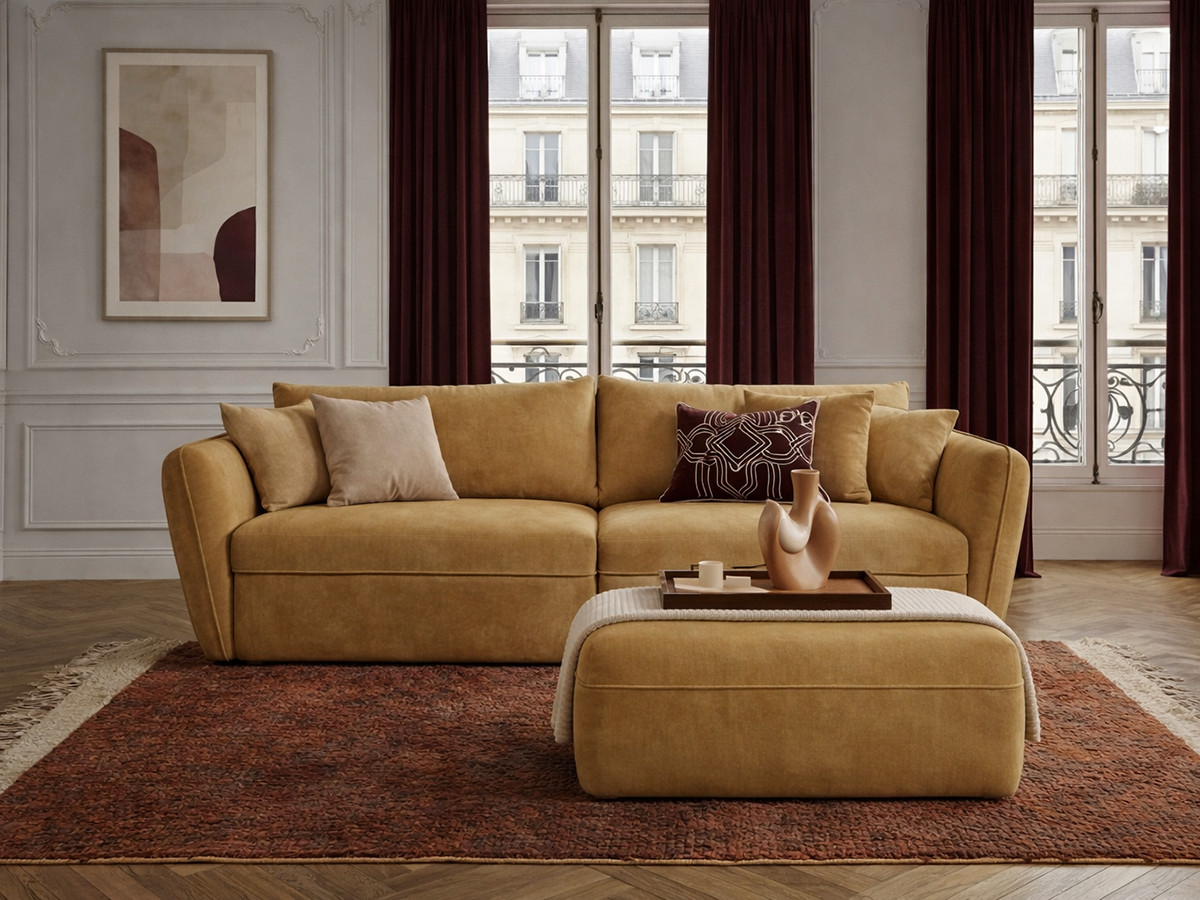 Canapé droit fixe 3 places LUIGI tissu lisse avec pouf