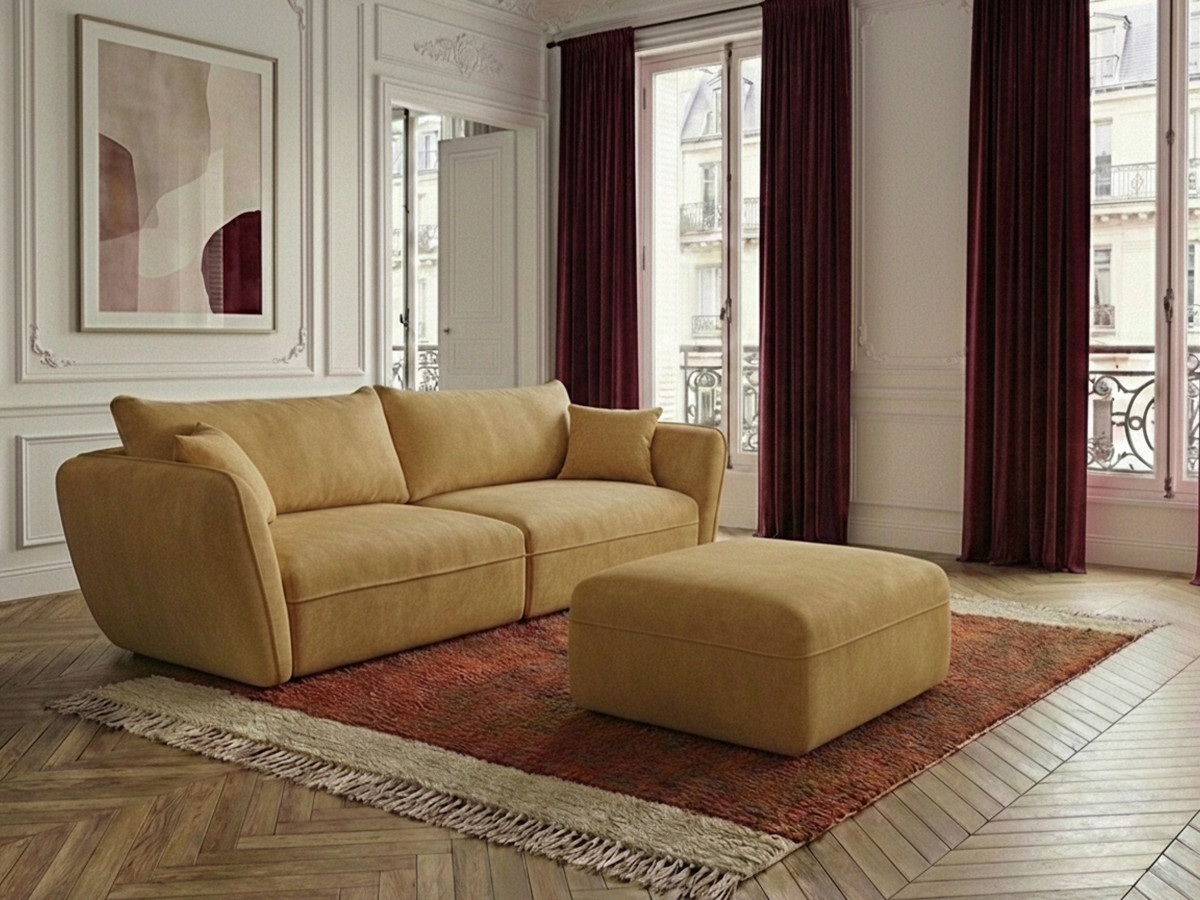 Canapé droit fixe 3 places LUIGI tissu lisse avec pouf