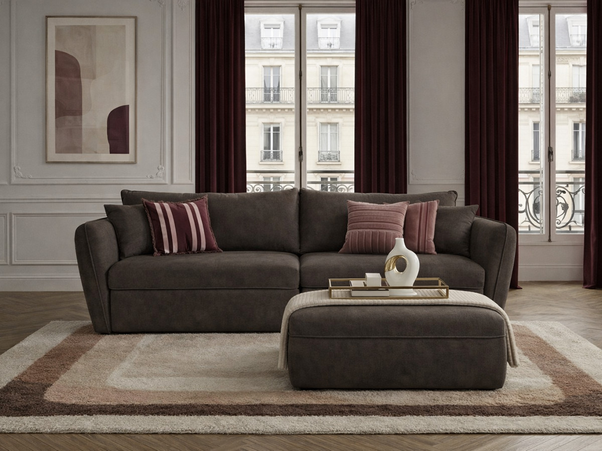Canapé droit fixe 3 places LUIGI tissu lisse avec pouf