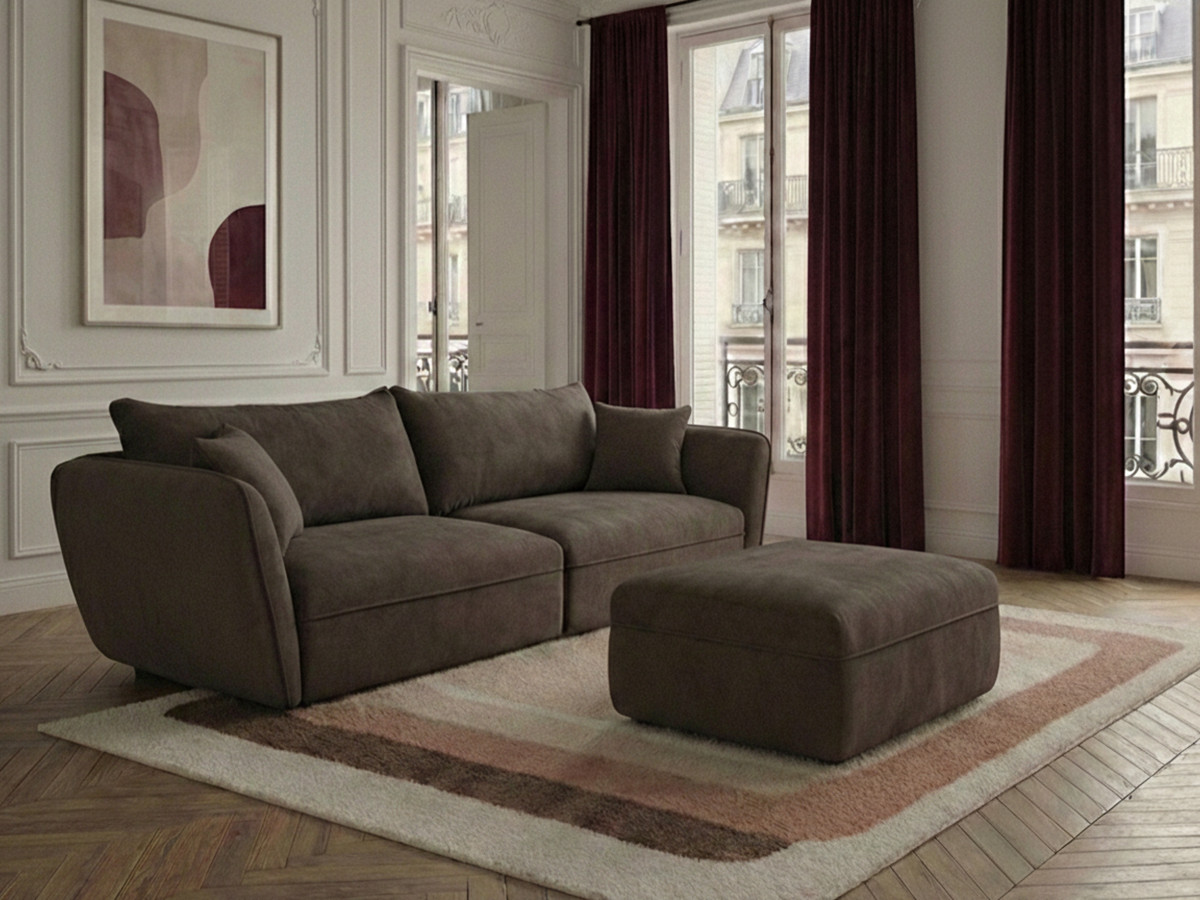 Canapé droit fixe 3 places LUIGI tissu lisse avec pouf