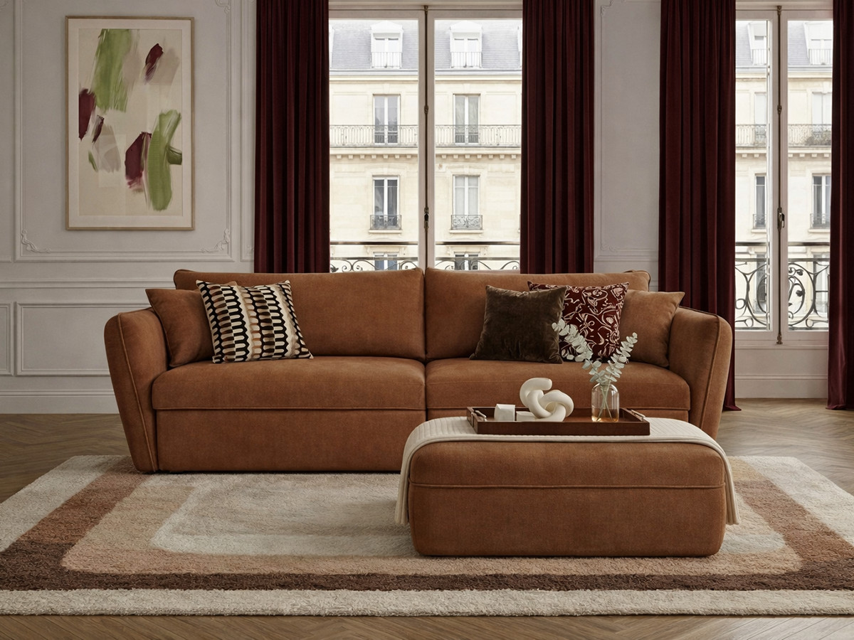 Canapé droit fixe 3 places LUIGI tissu lisse avec pouf