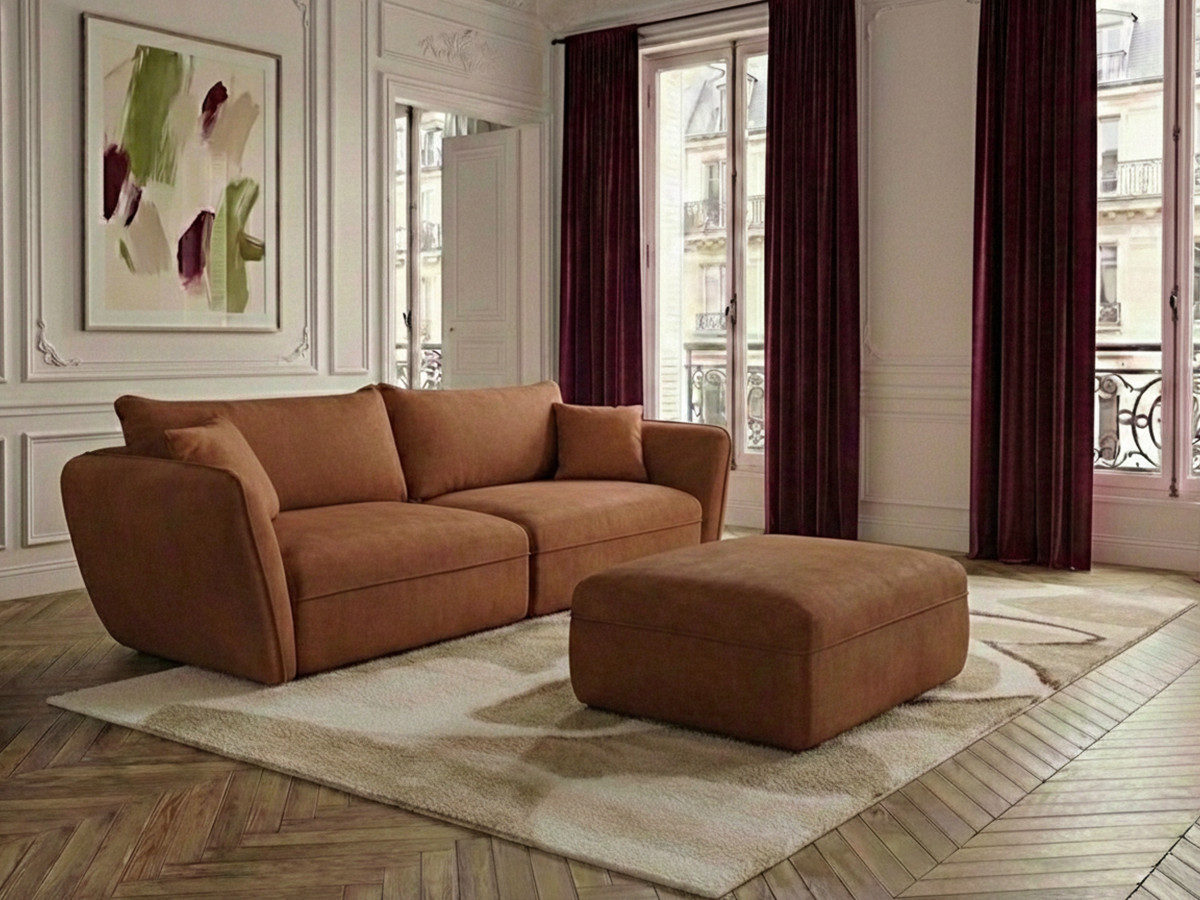 Canapé droit fixe 3 places LUIGI tissu lisse avec pouf