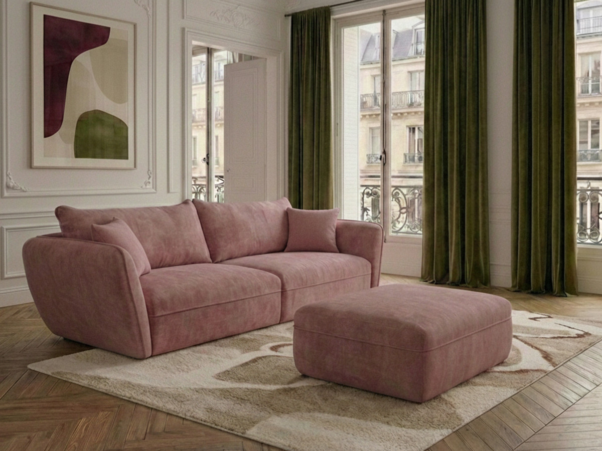Canapé droit fixe 3 places LUIGI tissu lisse avec pouf