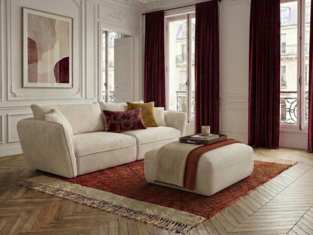 Canapé droit fixe 3 places LUIGI tissu lisse avec pouf