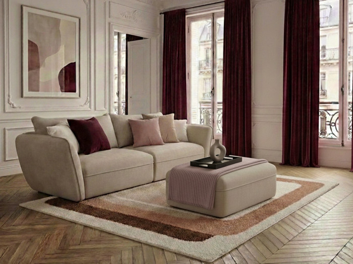 Canapé 3 places LUIGI tissu texturé avec pouf