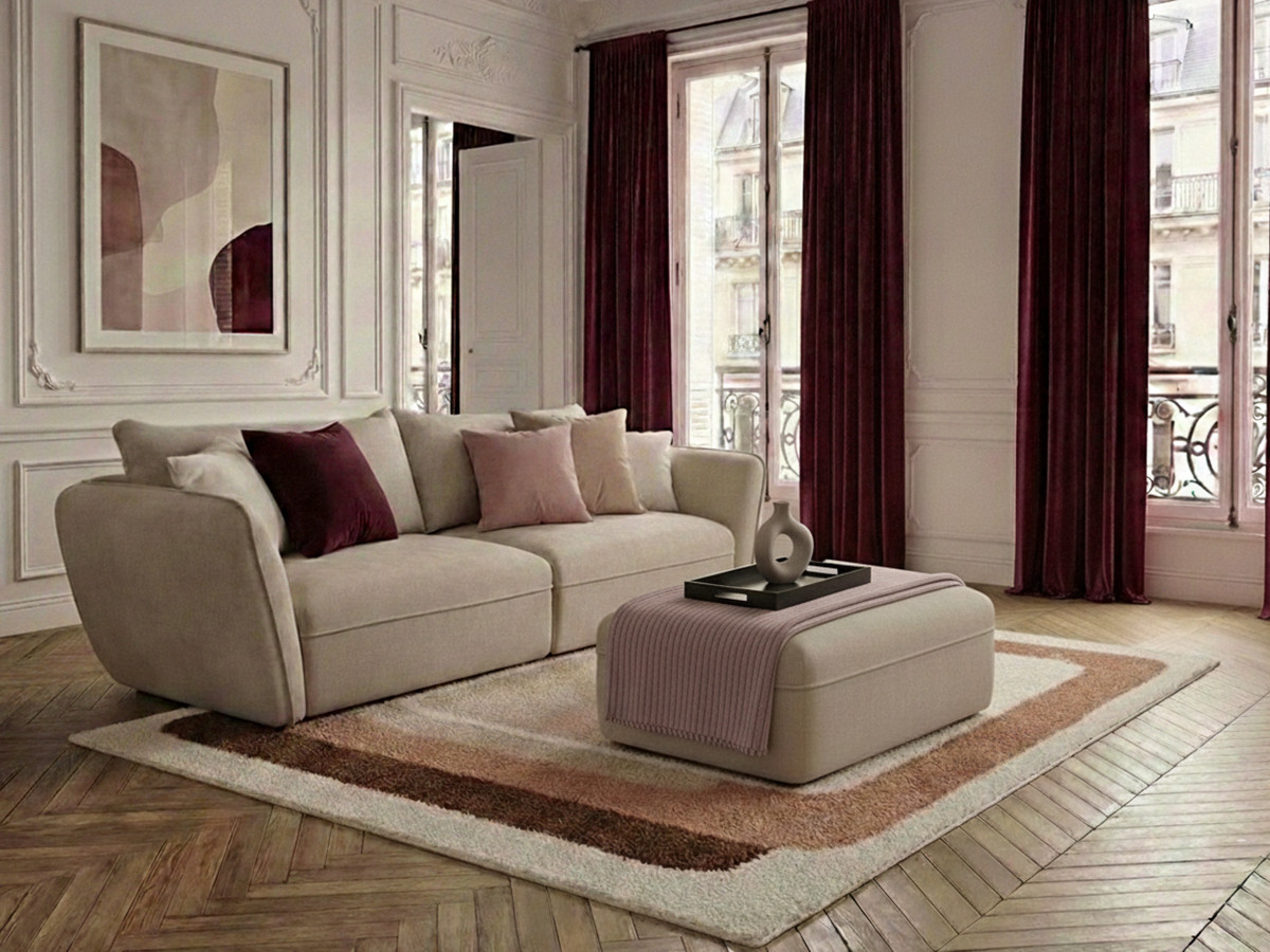 Canapé droit fixe 3 places LUIGI tissu lisse avec pouf