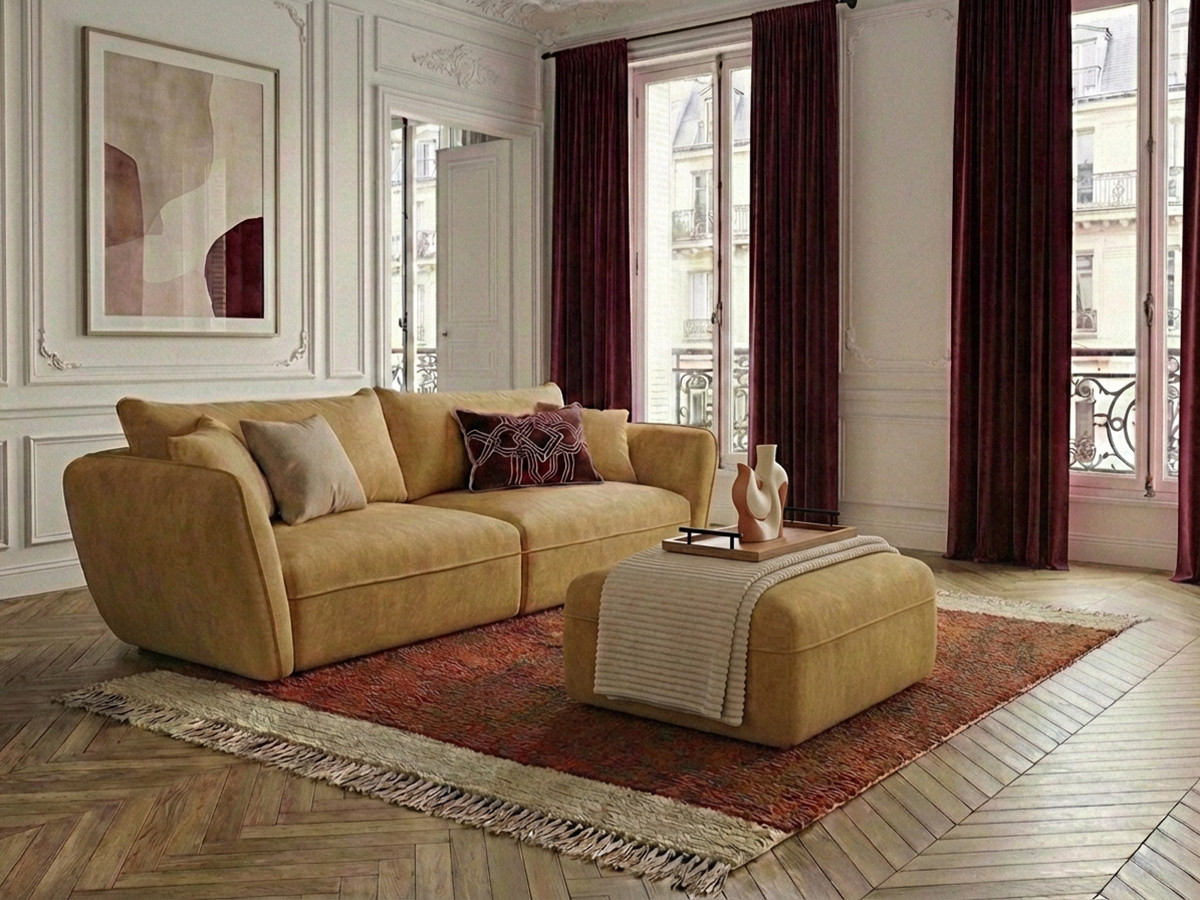 Canapé droit fixe 3 places LUIGI tissu lisse avec pouf